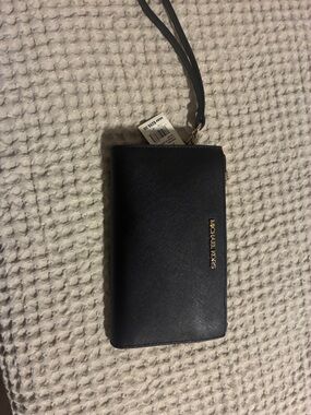 Michael Kors Black Leather Zip Wristlet with Gold Logo